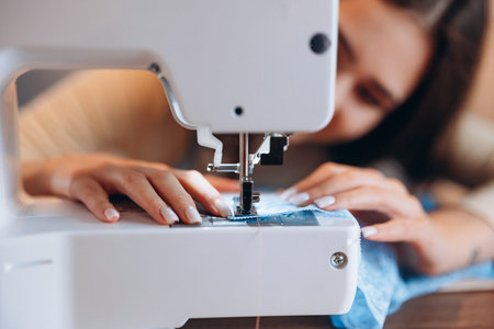 Young dressmaker woman sews clothes on sewing machine close-up. Creating online clothing design...
