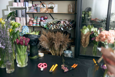 Photo of copy space in flower shop. Lifestyle flower shop. Family flower s business.の写真素材