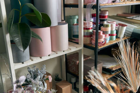 Photo of copy space in flower shop. Lifestyle flower shop. Family flower s businessの写真素材