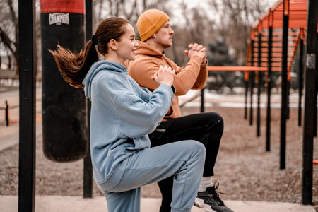 Young couple in sports outfit doing morning workout outdoors. Young man and woman stretching they...