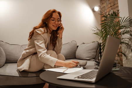 A very busy red-haired young woman in a stylish business suit and talking on the phone uses papers...