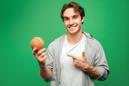 Happy man holds coconut, isolated on green background