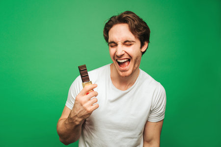 Young man holds chocolate bar and enjoy it, isolated on green background