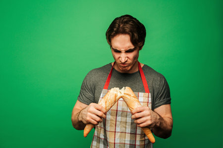 Young bakery man is disappointed about bread, isolated on green background