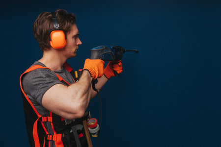 Young builder is drilling the wall, isolated over blue background