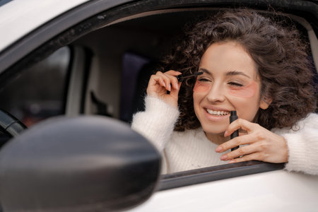 Girl in car apply mascara on eyelash with eyebrush