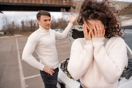 European couple quarrel about the broken automobile