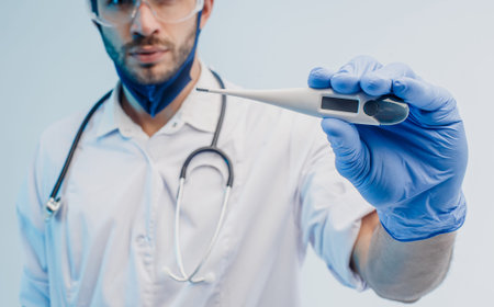 Male doctor showing digital thermometer in arm