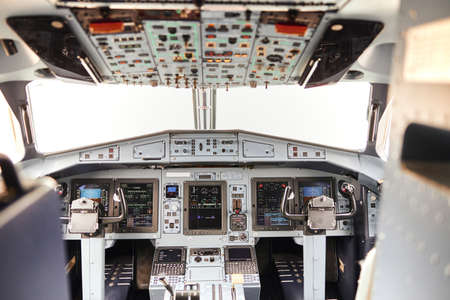 Pilot cabin in modern passenger airplane jetの写真素材