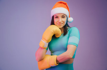 Close up photo of strong sportswoman in boxing gloves and Christmas hat, boxer posing. isolated on...