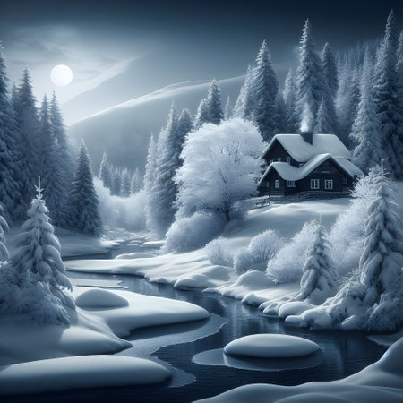 Winter landscape with a small house in the forest and snowflakesの素材