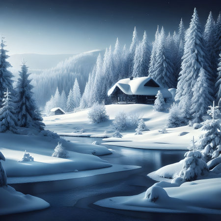 Fantastic winter landscape with snow covered fir trees and wooden houseの素材