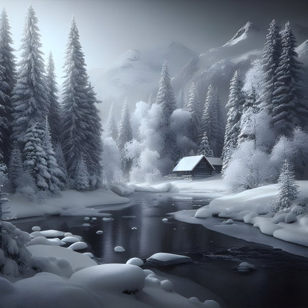 Fantastic winter landscape with a mountain river and a wooden houseの素材