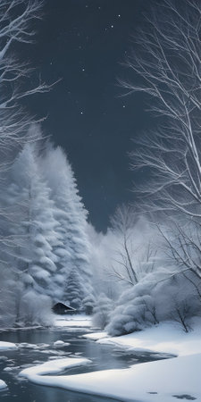 Winter landscape with snow covered trees and river under the moonlight.の素材