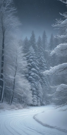 Winter landscape with a snowy road through the forest. 3d renderingの素材