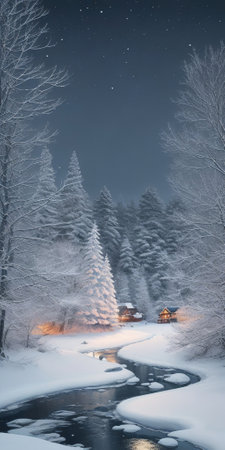 Fantastic winter landscape with snow covered forest and river at nightの素材