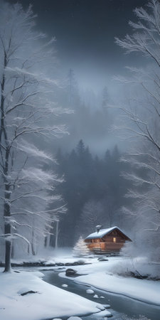 Foggy winter landscape with a wooden house on the bank of a mountain riverの素材