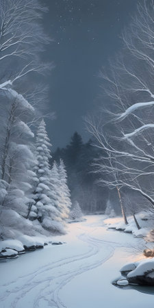 Snowy winter landscape with frozen river and pine trees at night.の素材