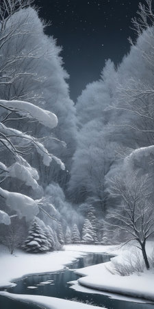 Beautiful winter landscape with snow covered trees and river at night.の素材