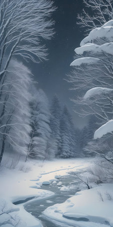 Winter landscape with frozen river and snow covered trees in forest at nightの素材
