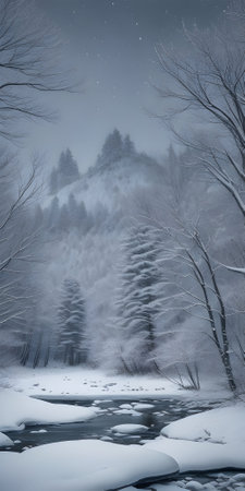 Winter landscape with frozen river and snowy trees in the mountains. Winter backgroundの素材