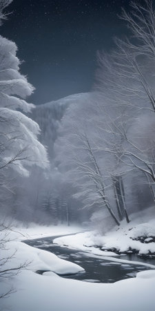Winter landscape with snow covered trees and a frozen river at night.の素材