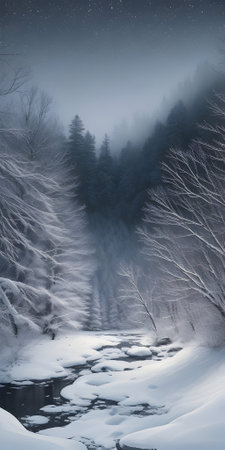 Foggy winter landscape with snow-covered forest and frozen riverの素材