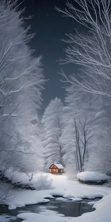 Beautiful winter landscape with snow covered trees and wooden house at nightの素材
