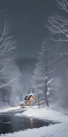 Foggy winter landscape with a wooden house on the river bankの素材