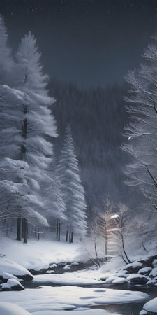 Winter landscape with snow covered trees and a frozen river at night.の素材