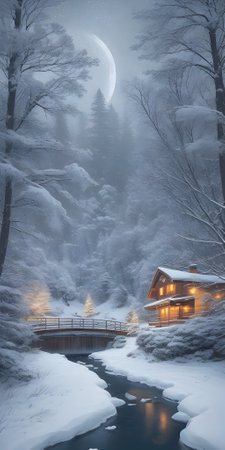 Beautiful winter landscape with snow covered trees and wooden house in the forestの素材