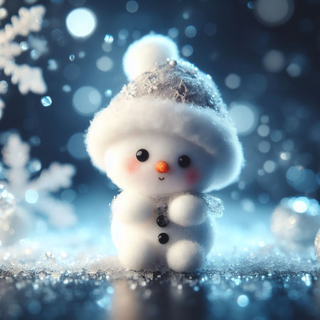 Snowman on snow with bokeh background, Christmas and New Year conceptの素材