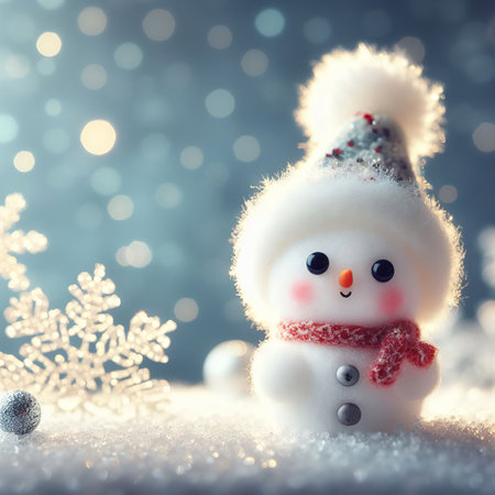 Snowman on snow with bokeh background. Christmas greeting cardの素材