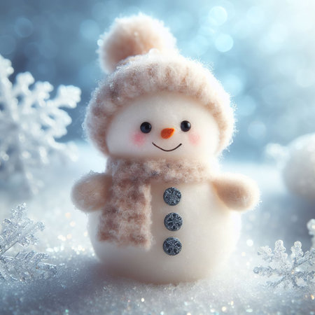 Christmas snowman with snowflakes on bokeh background.の素材