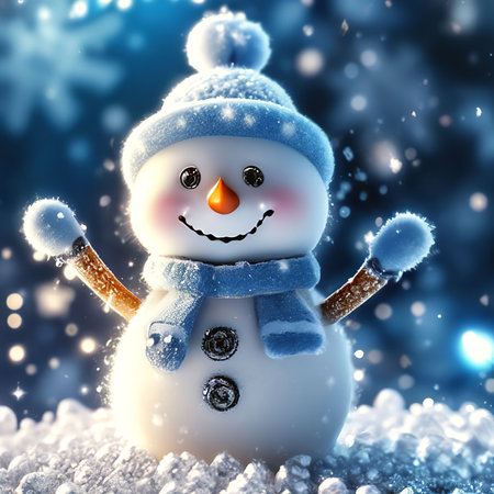 Snowman on winter background. Christmas and New Year greeting card.の素材