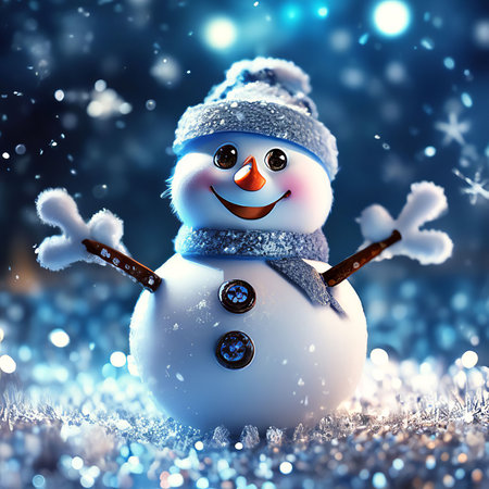 Snowman with scarf and hat on winter background. 3d illustration.の素材