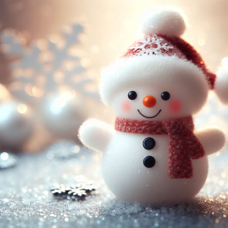 Snowman with Christmas decoration on bokeh background, closeupの素材