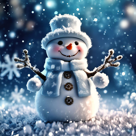 Snowman in the winter forest with snowflakes. 3d illustration.の素材