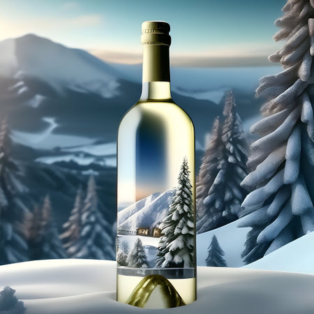 Bottle of white wine in snowy mountains. 3D illustration.の素材