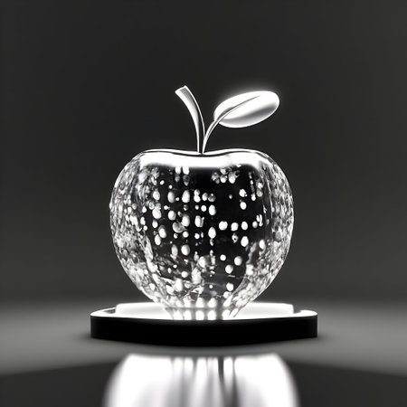 3d illustration of an apple in a glass vase on a dark backgroundの素材