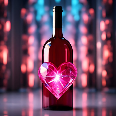 Bottle of red wine with heart shape on bokeh backgroundの素材