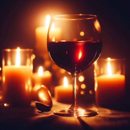 Glass of red wine and candles on a dark background. Toned.の素材
