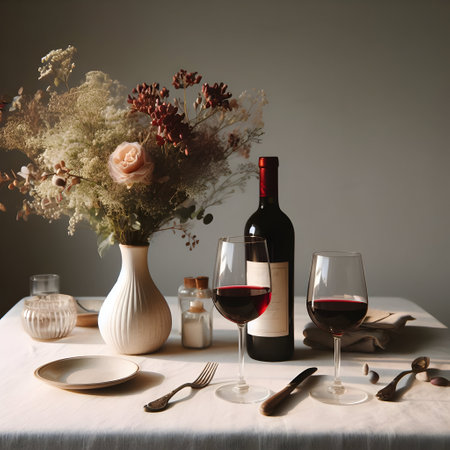 Still life with glass of red wine, vintage cutlery and vase with dried flowers on tableの素材