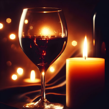 Glass of red wine, candles and bokeh lights on backgroundの素材