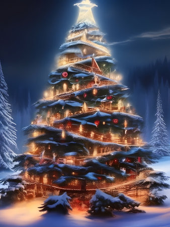 Christmas tree in the winter forest. New Year card. Digital painting.の素材