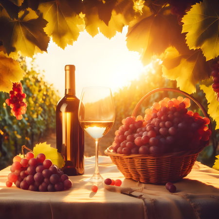 Wine and grapes on the table in vineyard at sunset.の素材