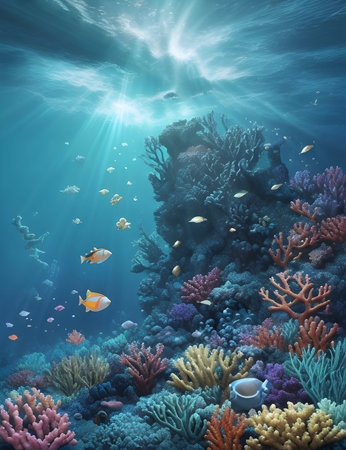 Underwater scene with coral reef and fish. 3d illustration.の素材