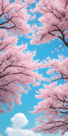 Cherry blossoms on blue sky background. Cherry blossom trees.の素材