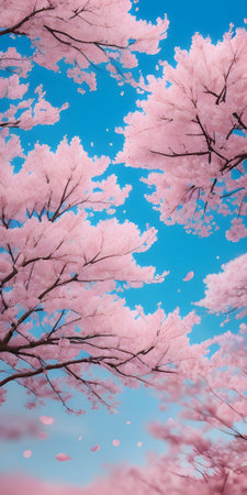 Cherry blossoms in full bloom on blue sky background with copy spaceの素材
