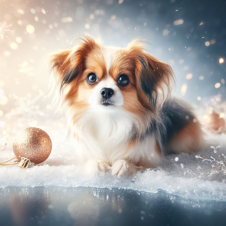 Cute papillon dog with christmas balls on snowy background.の素材